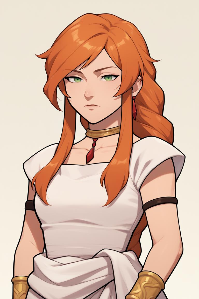 A woman with long red hair and a white shirt - SeaArt AI