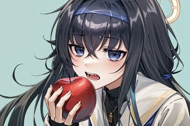 <lora:Reincarnation Apple:0.9>, reincarnation apple, 1girl, solo, looking at viewer, open mouth, simple background, holding, food, fruit, holding food, holding fruit, aqua background, bags under eyes, bangs, black hair, blue eyes, halo, blue hairband, brown cardigan, long hair, white serafuku, white skirt, <lora:KozekiUiBlueArchive_10:0.8>