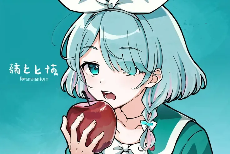 <lora:Reincarnation Apple:0.9>, reincarnation apple, 1girl, solo, looking at viewer, open mouth, simple background, holding, food, fruit,  holding food, holding fruit, aqua background, arona, white hairband, bow hairband, halo, short hair, single braid, school uniform, blue shirt, white sailor collar, long sleeves, white bowtie, white choker <lora:aronaBlueArchive_v1:0.8>