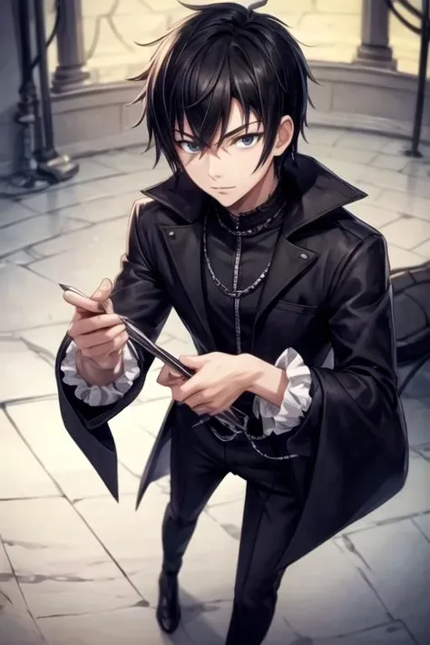 masterpiece, best quality, sketch, 1boy, solo, male focus, looking at viewer, , depth of field, , , <lora:lv_situ:0.70>, lv_situ, black hair, black eyes, gothic costume, science fiction detective, High resolution