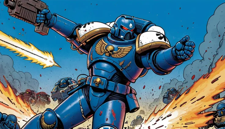 (illustration), Space Marine from the Ultramarine chapter, blue power armor, blood stains bolter in his right hand, action pose, charging into battle, upper body, comic book \(style\), cel shading, bold outlines, vibrant colors, dynamic composition, dramatic, [[splash page]], expressive, line art, extremely detailed, warhammer 40k,
 <lora:Astartes-000007:1>