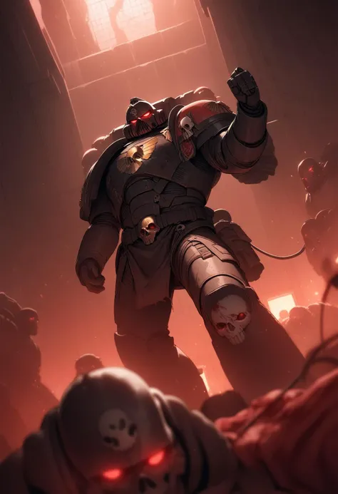 1boy, solo, <lora:Astartes:1> adeptus astartes, space marine, deathwatch, black power armor, helmet, red eyes, glowing eyes, indoors, cable, red light, red theme, corpse, skull, blood, dynamic lighting, depth of field, blurry background, cinematic angle, (masterpiece), (best quality), (ultra-detailed), very aesthetic, illustration, perfect composition, intricate details, absurdres