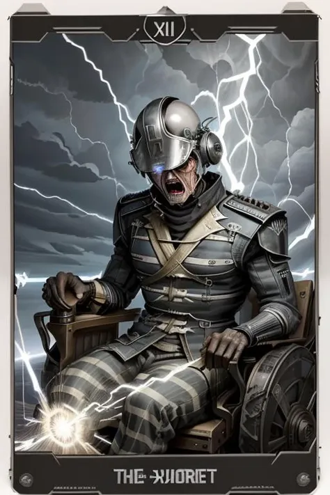 a man in striped prison clothes sitting in an electric chair, screaming face, lightning, wired helmet, execution, highly detailed, intricate, horridtarot