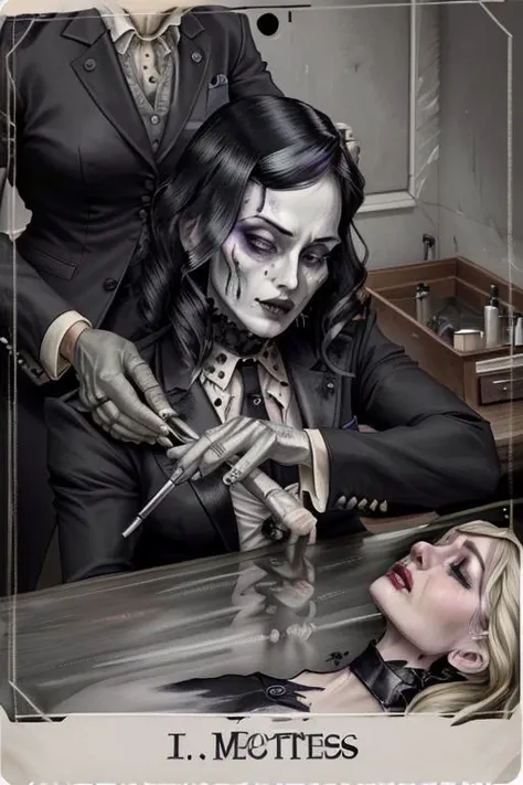 a mortician putting makeup on a corpse in a dark doctor's office, highly detailed, intricate, horridtarot