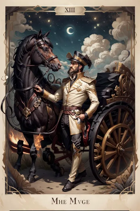 (mature man:1.3), solo, beard, stern look, The_Chariot, (dark chariot:1.1), man leads a chariot with black horses, magic, fantasy, moon and stars in the background, <lora:add_detail:0.8>, ((masterpiece)), (high quality), (best quality), (detailed), hd, perfect night lighting, detailed face, detailed body, <lora:tarothorridv2:0.9>, (horridtarot), full chariot, a chariot, horse standing in front of a chariot carriage wagon