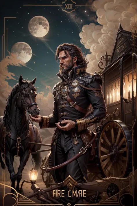 (mature man:1.3), solo, beard, stern look, The_Chariot, (dark chariot:1.1), man leads a chariot with black horses, magic, fantasy, moon and stars in the background, <lora:add_detail:0.8>, ((masterpiece)), (high quality), (best quality), (detailed), hd, perfect night lighting, detailed face, detailed body, <lora:tarothorridv2:0.9>, (horridtarot), full chariot, a chariot, horse standing in front of a chariot carriage wagon