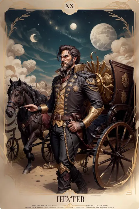 (mature man:1.3), solo, beard, stern look, The_Chariot, (dark chariot:1.1), man leads a chariot with black horses, magic, fantasy, moon and stars in the background, <lora:add_detail:0.8>, ((masterpiece)), (high quality), (best quality), (detailed), hd, perfect night lighting, detailed face, detailed body, <lora:tarothorridv2:0.9>, (horridtarot), full chariot, a chariot, horse standing in front of a chariot carriage wagon