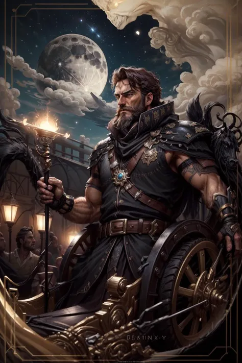 (mature man:1.3), solo, beard, stern look, The_Chariot, (dark chariot:1.1), man leads a chariot with black horses, magic, fantasy, moon and stars in the background, <lora:add_detail:0.8>, ((masterpiece)), (high quality), (best quality), (detailed), hd, perfect night lighting, detailed face, detailed body, <lora:tarothorridv2:0.9>, (horridtarot), full chariot