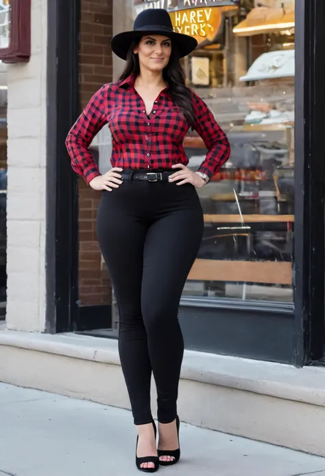 a woman, plaid shirt, black tight pants, heels, hat, watch, standing outside Harvey's at Jarvis and Gerrard in Toronto,  <lora:Dar_SDXL:0.8>
