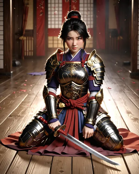 Role-playing game (RPG) style fantasy 1girl, female Mulan in samurai armor kneeling on the floor holding a sword with both hands <lora:RMSDXL_Enhance:3> . Detailed, vibrant, immersive, reminiscent of high fantasy RPG games