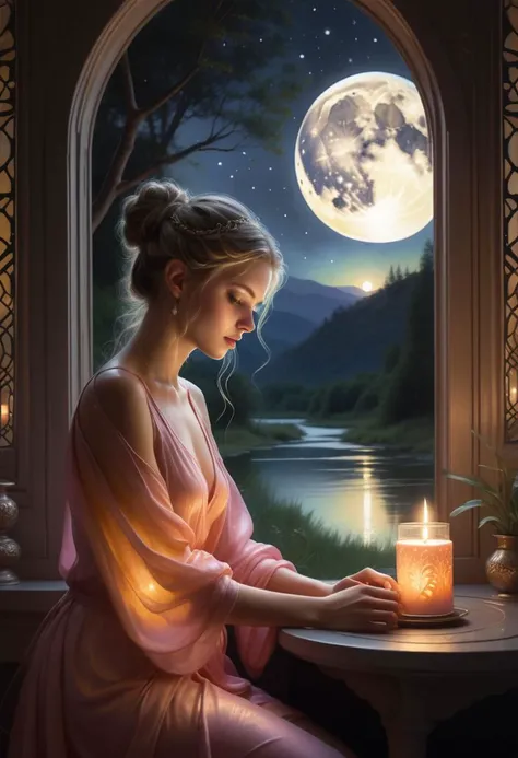 a young woman 
 In the Moon Palace's quietude, a candle's glow on a mica screen weaves shadows, crafting a mysterious atmosphere. Outside, a gentle river reflects fading stars, resembling sleeping gems as dawn approaches. in neon attire, exudes epic beauty with a hint of sadness. Her touch on the windowsill speaks of contemplation, bridging past and future.