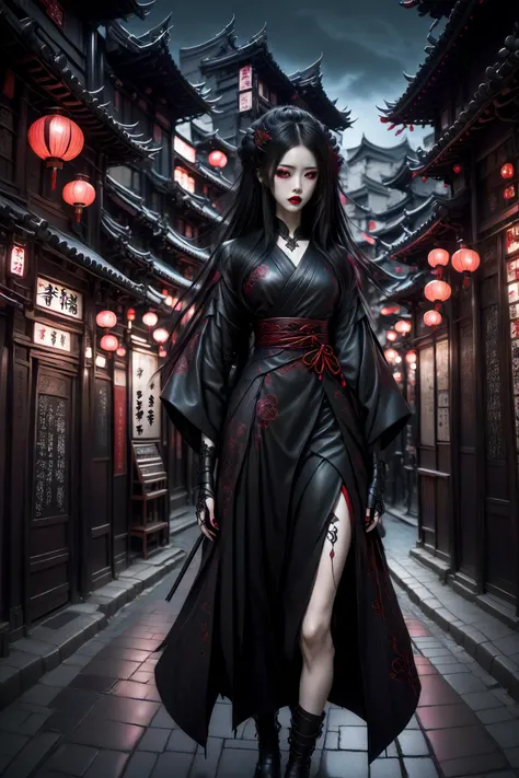 (full body shot:1.2), hero view,
1girl, toned, a mysterious japnanese woman,, dark gothic modern city filled with gothic buildings, neon signs,glowing lanterns, black leather japanese clothes, long hair, hair sticks, lipstick, makeup, jewelry, eyeshadow, red lips,
<lora:beautiful_girl_ver2:0.8> majicmix_style <lora:Goth_SDXL_V1:0.6> goth person <lora:PE_NeonSignStyle:0.1> <lora:Fflix-Geisha:0.8> fflix-geisha