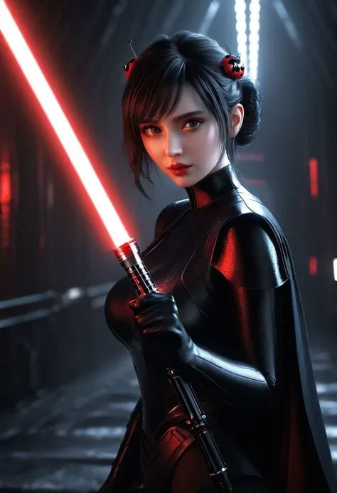 ultra wide angle, in focus, dark epic background, gorgeous lifelike, dynamic pose, a young lady, <lora:ladybug:0.65>, (highly detailed face and eyes:1.3), arrogant expression, holding red lightsaber in his hand, medium shot, hyper details, lighting art, cinematic, insane details, intricate details, hyperdetailed, goth, fractal, dark shot, big boobs, full body