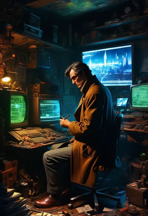 anime by Noriyoshi Ohrai
sherlock holmes, holding smoking pipe watching monitors, multiple multiple monitors, hologram, messy room, shadow, dim light, dark room. messy, detailed background, science fiction, cyberpunk retro dystopian futuristic