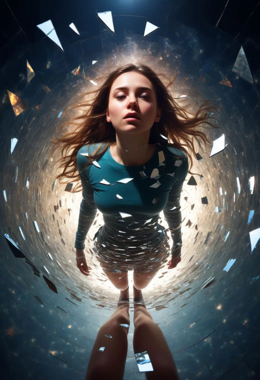 a young woman
in a universe made of mirror, shattered perspective from above
shadows
dramatic lighting