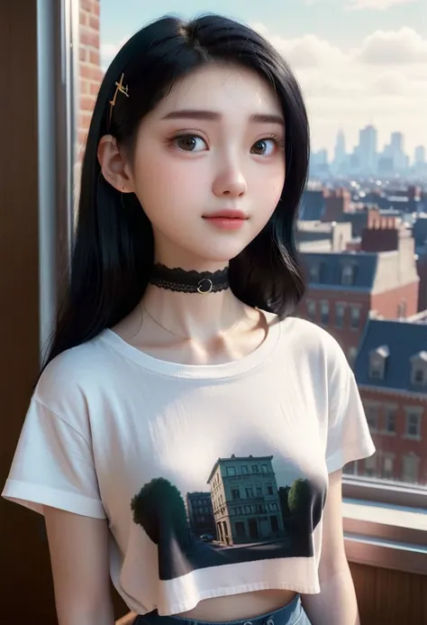 pixar style
a cute girl, 22 years old, black hair, pale skin, choker,
oversized T-shirt,
vintage, faded film, film grain, polaroid, cute apartment, window, city,
best quality, high quality, masterpiece, detailed