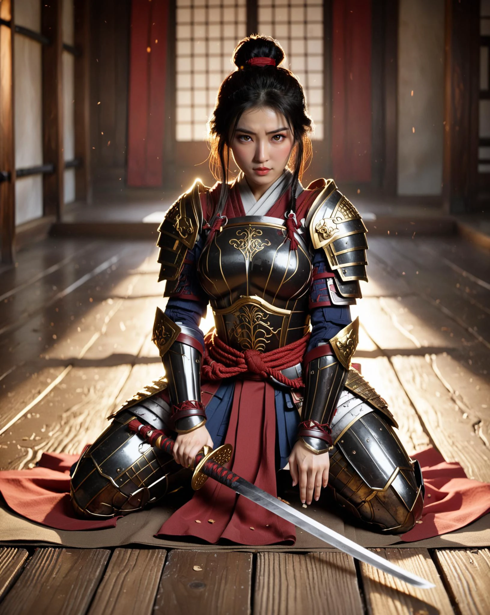 Role-playing game (RPG) style fantasy 1girl, female Mulan in samurai armor kneeling on the floor holding a sword with both hands <lora:TCD_SDXL:1> <lora:RMSDXL_Enhance:3> . Detailed, vibrant, immersive, reminiscent of high fantasy RPG games