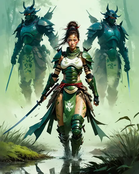 by Noriyoshi Ohrai by Benedick Bana
1girl, charging forward , detailed face, beautiful woman in fantasy samurai armor, trudging through misty swamp in middle of multiple army battlefield, marshlands, foggy, cloudy, wearing surcoat with family arms embroidered on it, many samurai fighting in background, masterpiece, best quality, high quality, dramatic lighting, shadows