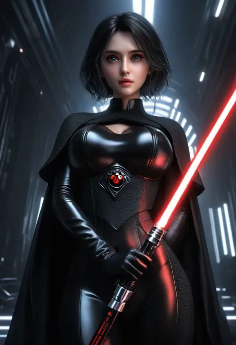 ultra wide angle, in focus, dark epic background, gorgeous lifelike, dynamic pose, a young lady, <lora:ladybug:0.65>, (highly detailed face and eyes:1.3), arrogant expression, holding red lightsaber in his hand, medium shot, hyper details, lighting art, cinematic, insane details, intricate details, hyperdetailed, goth, fractal, dark shot, big boobs, full body