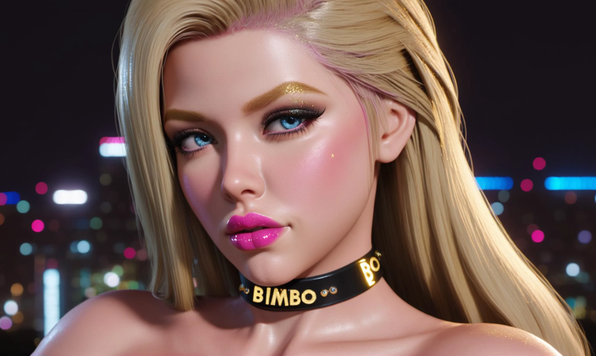 female portrait, glitter, huge breasts, blonde, long hair, bimbo face, stupid face expression, detailed face, expressive stupid eyes, bright makeup, pink glittery lips, huge bimbo lips, night city background, closeup on face and neck, ((choker with golden letters "BIMBO"))