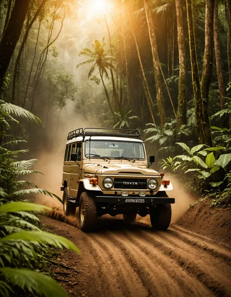 breathtaking automotive advertisement style analog photo of an awesome 1970s toyota land cruiser j45 crawling trough a whimsical and enchanting amazonas jungle, sunset backdrop, warm lighting, warm lights, perspective, intricate details, moody, mystic, stunning, epic, highly detailed, sleek, dynamic, professional, commercial, vehicle-focused, high-resolution,