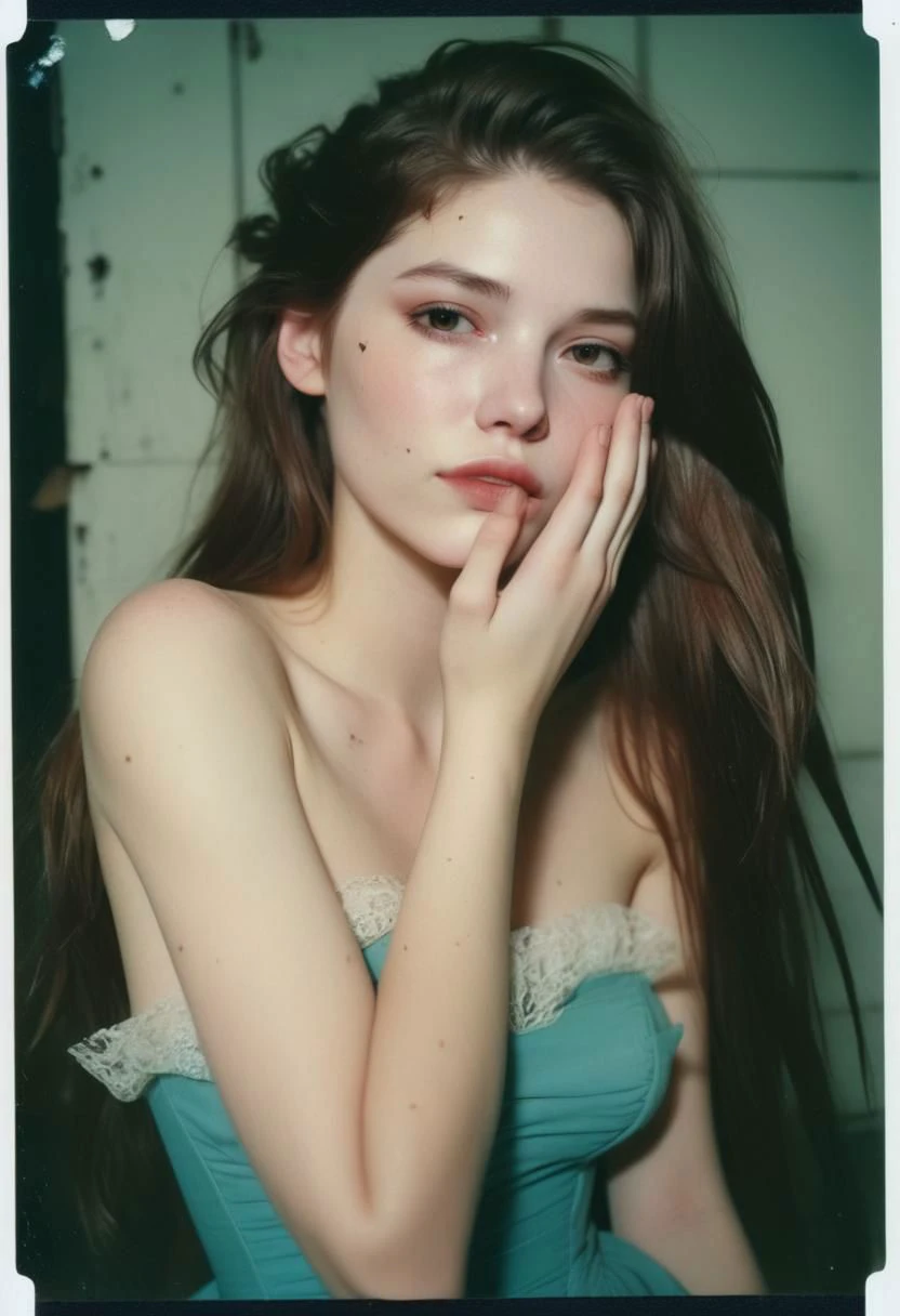 1girl pale skin, parted lips, detailed long hair, , strapless, bare shoulders, hand on face vintage, faded film, film grain, polaroid, cute
by Benedick Bana ,