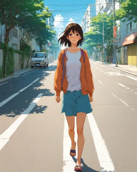 Vast sky、the beautiful skyline、Large grasslands、extremely tense and dramatic pictures、the moving visual effects、high hanging Polaris、and colorful natural light。Long-sleeved tops、Denim shorts、And a girl with a backpack。(naked:1.4)