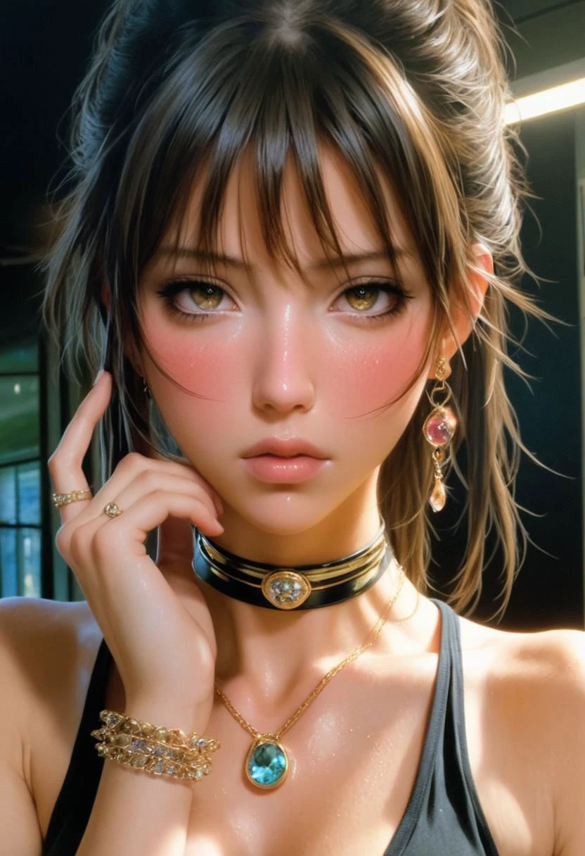 by Noriyoshi Ohrai
1girl, young, detailed face
looking at viewer, blush, bangs, jewelry, sweat, earrings, choker,
cleavage , hands on face
