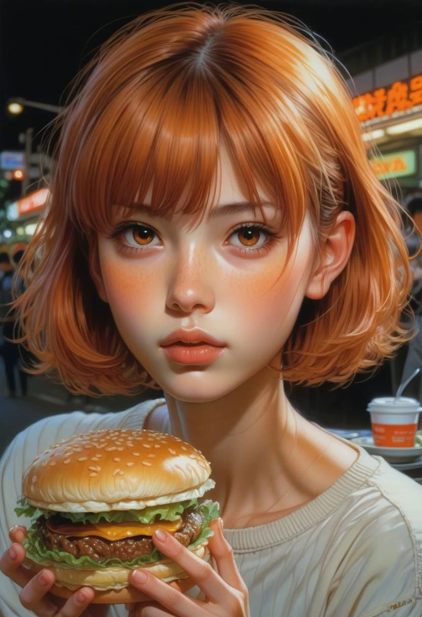 by Noriyoshi Ohrai 1girl, young, detailed face looking at viewer, blush,
very short hair, bangs, , skinny, tan, orange hair,
eating hamburger