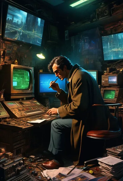 anime by Noriyoshi Ohrai
sherlock holmes, holding smoking pipe watching monitors, multiple multiple monitors, hologram, messy room, shadow, dim light, dark room. messy, detailed background, science fiction, cyberpunk retro dystopian futuristic