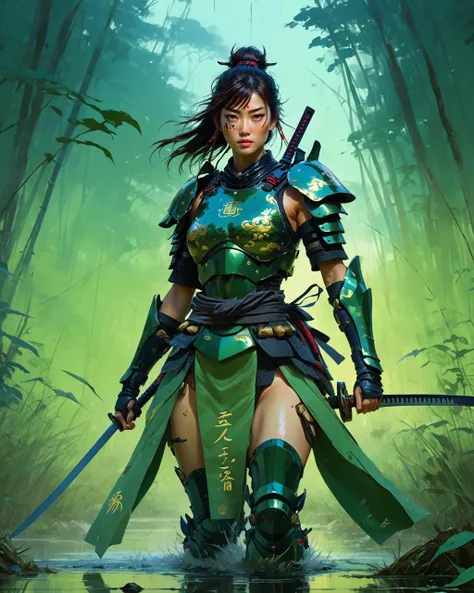 by Noriyoshi Ohrai by Benedick Bana
1girl, charging forward , detailed face, beautiful woman in fantasy samurai armor, trudging through misty swamp in middle of multiple army battlefield, marshlands, foggy, cloudy, wearing surcoat with family arms embroidered on it, many samurai fighting in background, masterpiece, best quality, high quality, dramatic lighting, shadows