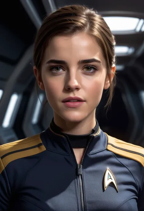 1girl
 emma watson as a captain in star trek uniform bridge  
 solo,  looking at viewer,   tongue out,, portrait, realistic