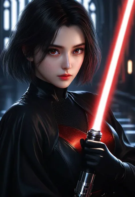 ultra wide angle, in focus, dark epic background, gorgeous lifelike, dynamic pose, a young lady, <lora:ladybug:0.65>, (highly detailed face and eyes:1.3), arrogant expression, holding red lightsaber in his hand, medium shot, hyper details, lighting art, cinematic, insane details, intricate details, hyperdetailed, goth, fractal, dark shot