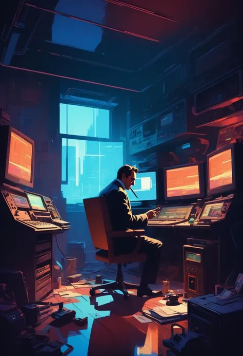 by syd mead by James Gilleard sherlock holmes, holding smoking pipe watching monitors, multiple multiple monitors, hologram, messy room, shadow, dim light, dark room. messy, detailed background, science fiction, cyberpunk retro dystopian futuristic