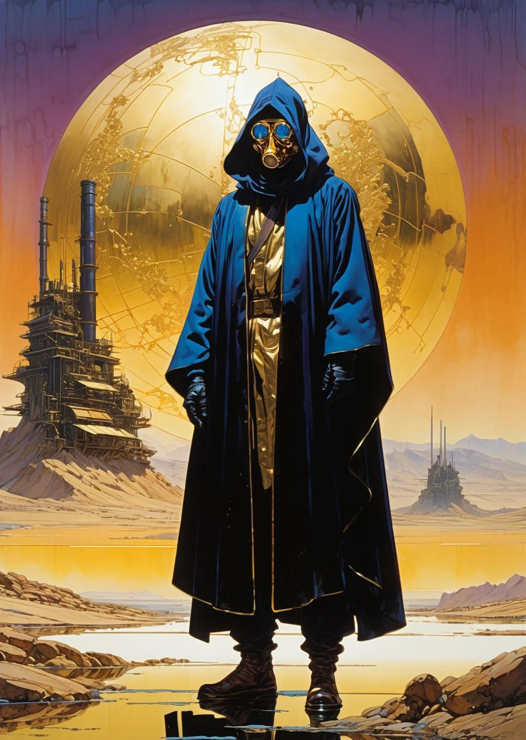 Azem the Traveler
cloaked and masked, yearning to explore. Gradient mastery, ink, gold leaf, and alcohol ink elements. Cinematic realism, luminism, and pollution-choked industrial landscape
by syd mead, moebius,