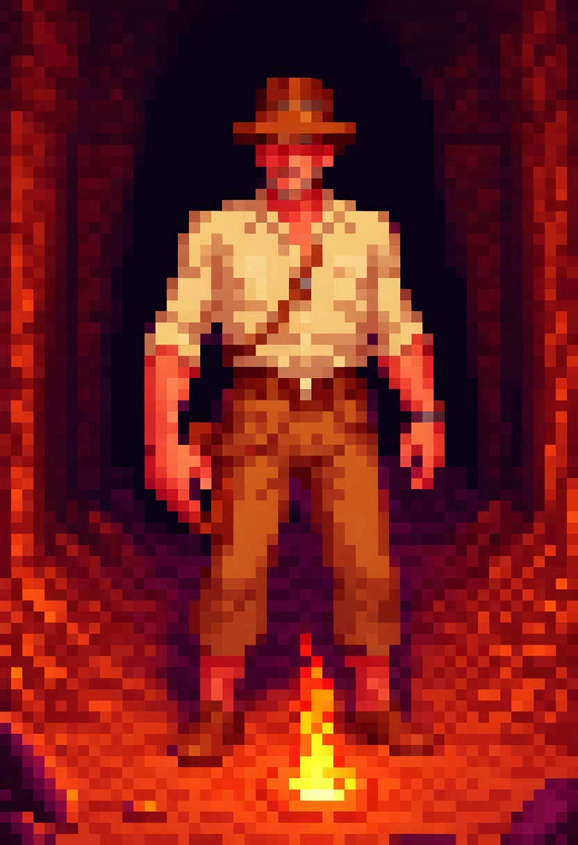 pixel art PixArFK
lucasarts style, indiana jones is holding a glowing oblong stone in a dark dungeon temple with a large lava molten pit
masterpiece, best quality, high quality,