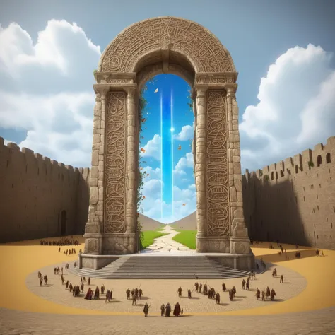 classic medieval fantasy setting, distant viewpoint, gigantic portal decorated with runes in the middle of a huge european city square crowded with travelers and civilians, surrounded by tall stone defense walls, cloudy sky