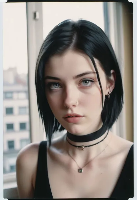 dutch angle, detailed face, piercing eyes, a cute girl, 22 years old, black hair, pale skin, buff, choker, vintage, faded film, film grain, polaroid, cute apartment, window, city,