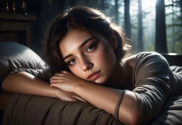 a young woman 
 sleepy smoky eyes  beautiful ,  
cozy, lying  in a room with a view of a forest
dark art , dim light, rim light, dark shadows, dramatic lighting,