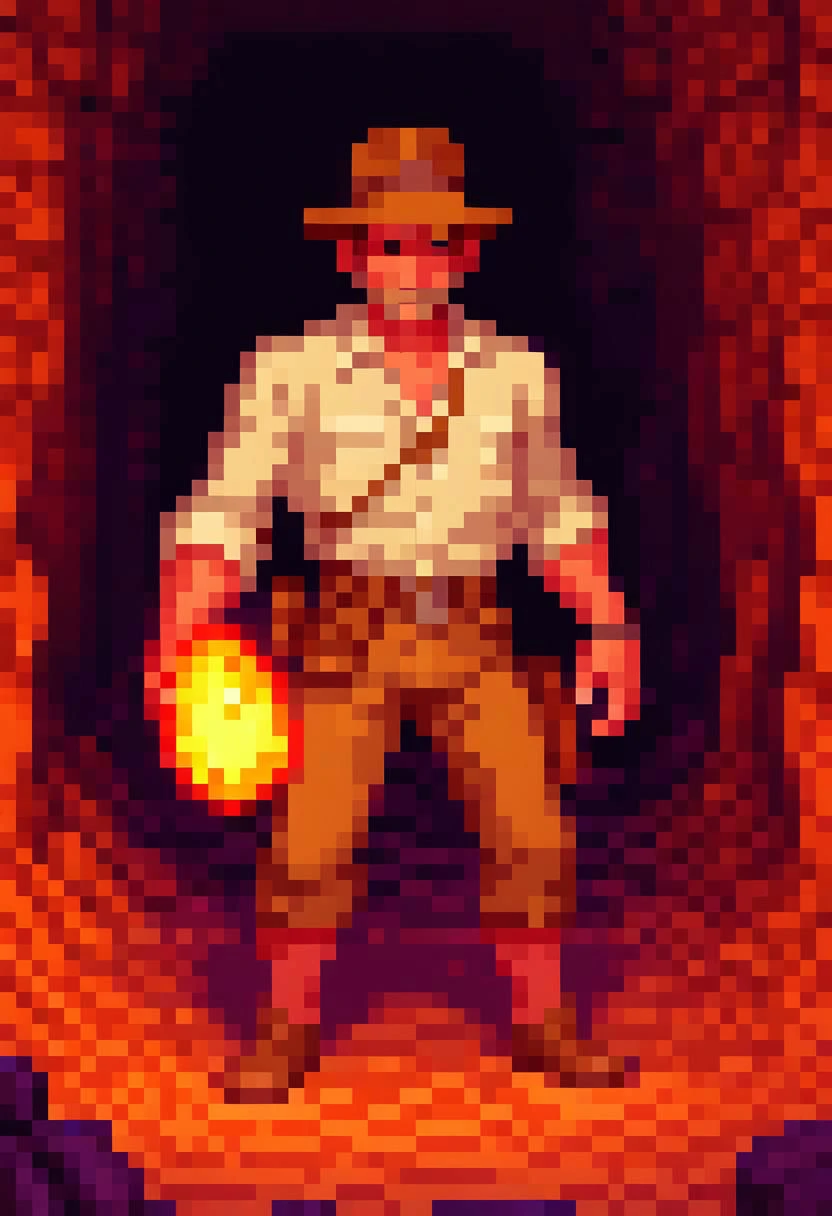 pixel art PixArFK
lucasarts style, 
indiana jones is holding a glowing oblong stone in a dark dungeon temple with a large lava molten pit
detailed face 
masterpiece, best quality, high quality,