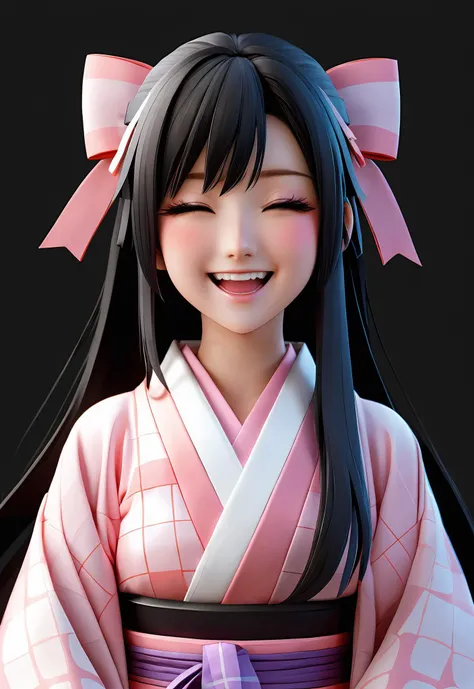 i want the whole image to be created in 3D anime style, 1girl, solo, long hair, blush, smile, open mouth, black hair, ribbon, closed eyes, hair ribbon, upper body, :d, multicolored hair, japanese clothes, teeth, kimono, two-tone hair, sash, gradient hair, obi, happy, black background, facing viewer, forehead, pink ribbon, haori, pink kimono, checkered sash, kamado nezuko