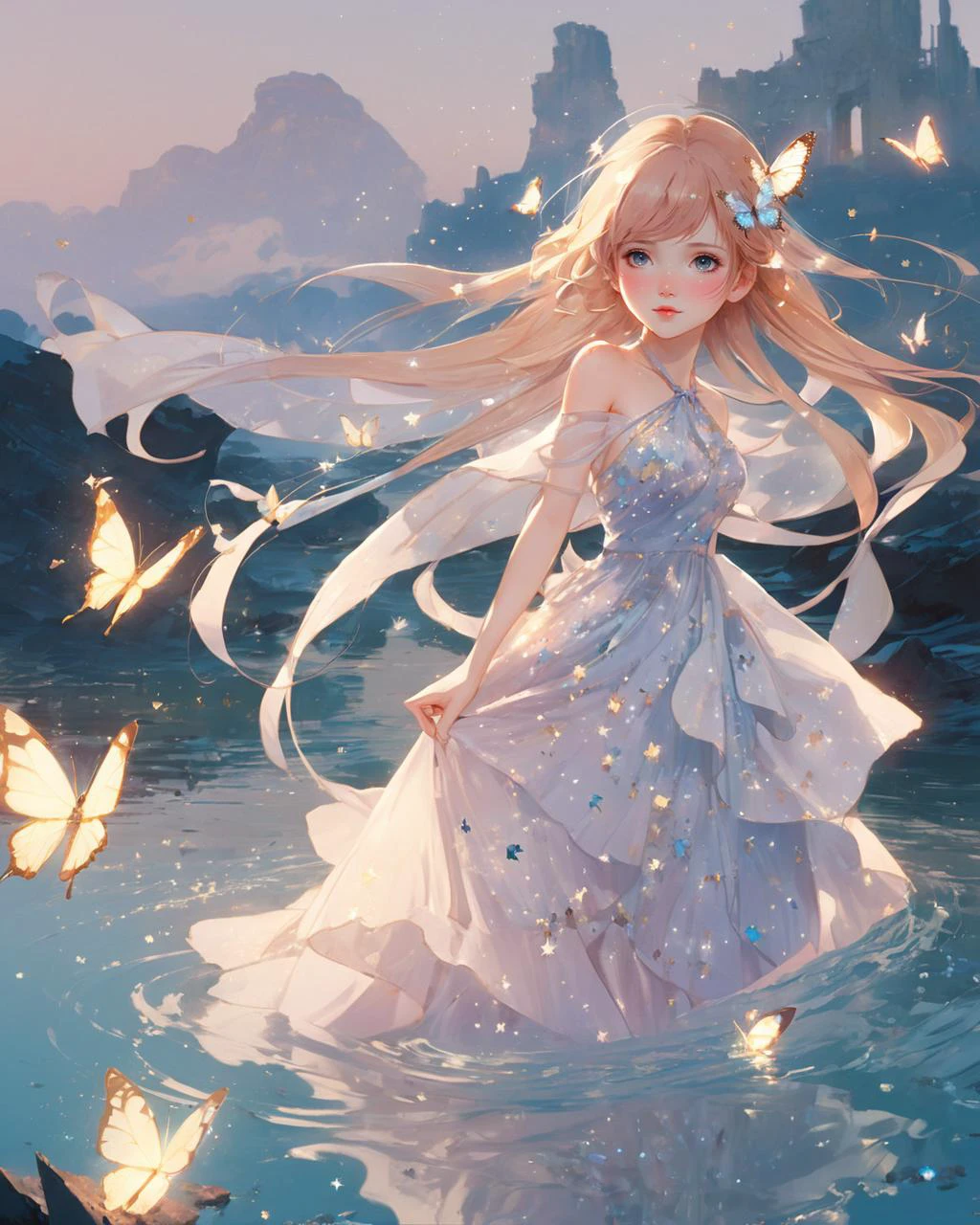 by Atey Ghailan
Ilya Kuvshinov
anime
1girl,
Beautiful butterflies in detail,Beautiful stars in detail,halter dress ,particle,Starry sky in beautiful detail,Hazy fog,Ruins of beautiful details,Standing on the surface of the sea,butterfly,die,film light
masterpiece, best quality, high quality, aesthetic