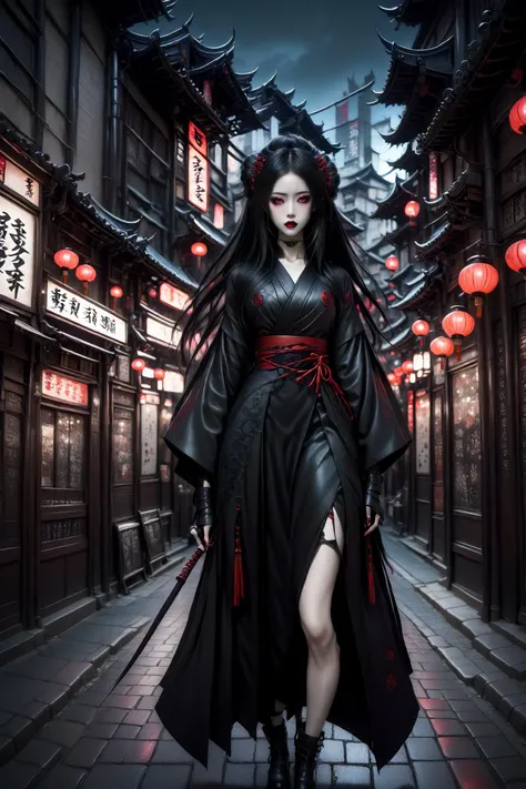 (full body shot:1.2), hero view,
1girl, toned, a mysterious japnanese woman,, dark gothic modern city filled with gothic buildings, neon signs,glowing lanterns, black leather japanese clothes, long hair, hair sticks, lipstick, makeup, jewelry, eyeshadow, red lips,
<lora:beautiful_girl_ver2:0.8> majicmix_style <lora:Goth_SDXL_V1:0.6> goth person <lora:PE_NeonSignStyle:0.1> <lora:Fflix-Geisha:0.8> fflix-geisha