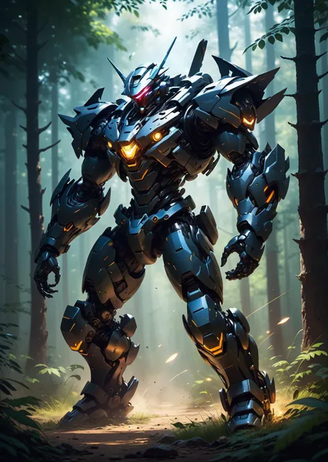 1 mecha robot, dark action , fighting stance,
woods
shadows,
dramatic lighting
by Benedick Bana