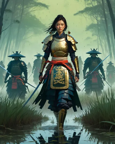 anime by Atey Ghailan
1girl, charging forward , detailed face, beautiful woman in fantasy samurai armor, trudging through misty swamp in middle of multiple army battlefield, marshlands, foggy, cloudy, wearing surcoat with family arms embroidered on it, many samurai fighting in background, masterpiece, best quality, high quality, dramatic lighting, shadows