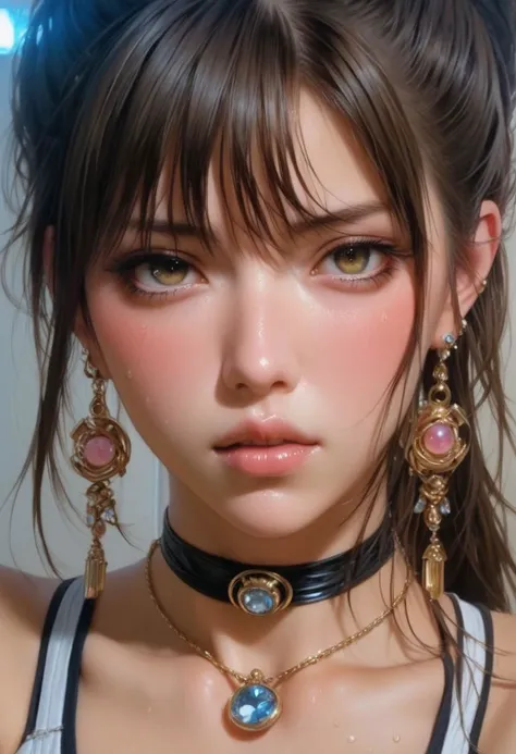 by Noriyoshi Ohrai
1girl, young, detailed face
looking at viewer, blush, bangs, jewelry, sweat, earrings, choker,
cleavage , hands on face