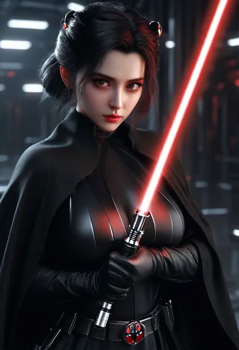 ultra wide angle, in focus, dark epic background, gorgeous lifelike, dynamic pose, a young lady, <lora:ladybug:0.65>, (highly detailed face and eyes:1.3), arrogant expression, holding red lightsaber in his hand, medium shot, hyper details, lighting art, cinematic, insane details, intricate details, hyperdetailed, goth, fractal, dark shot, big boobs, full body