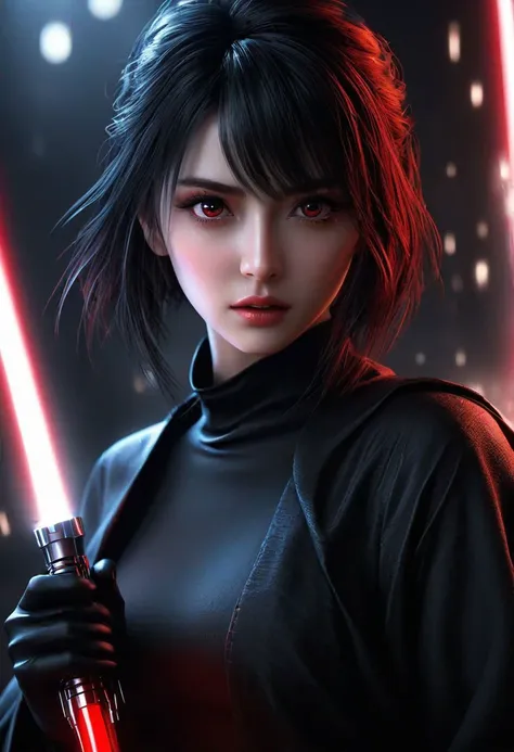 ultra wide angle, in focus, dark epic background, gorgeous lifelike, dynamic pose, a young lady, <lora:ladybug:0.65>, (highly detailed face and eyes:1.3), arrogant expression, holding red lightsaber in his hand, medium shot, hyper details, lighting art, cinematic, insane details, intricate details, hyperdetailed, goth, fractal, dark shot, small boobs, full body