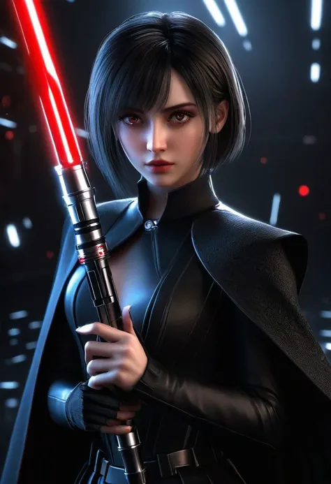 ultra wide angle, in focus, dark epic background, gorgeous lifelike, dynamic pose, a young lady, <lora:ladybug:0.65>, (highly detailed face and eyes:1.3), arrogant expression, holding red lightsaber in his hand, medium shot, hyper details, lighting art, cinematic, insane details, intricate details, hyperdetailed, goth, fractal, dark shot, small boobs, full body