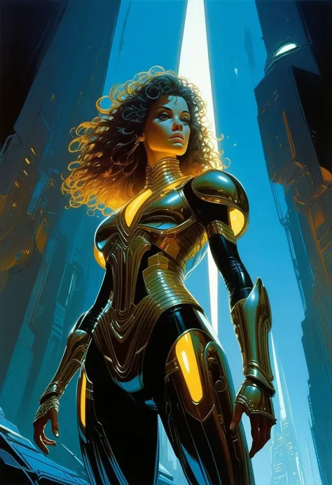 concept art by syd mead, moebius,
retro futuristic
1girl, armor
long curly hairs , , glowing gems, dark, horror, heavy metal
shadow, night, moonlight perspective from below
retro realistic